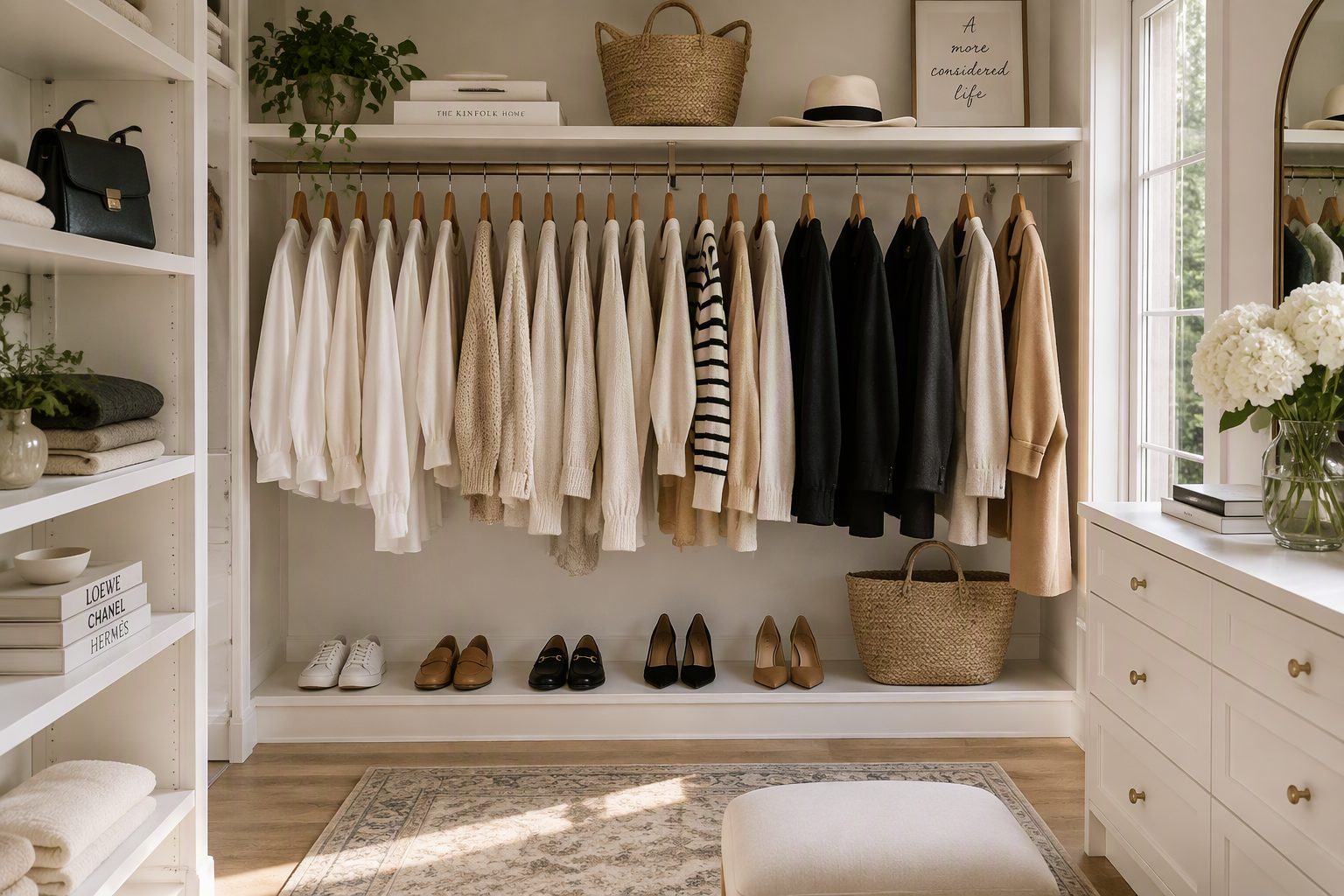 A neatly organized capsule wardrobe on wooden hangers in a walk-in closet