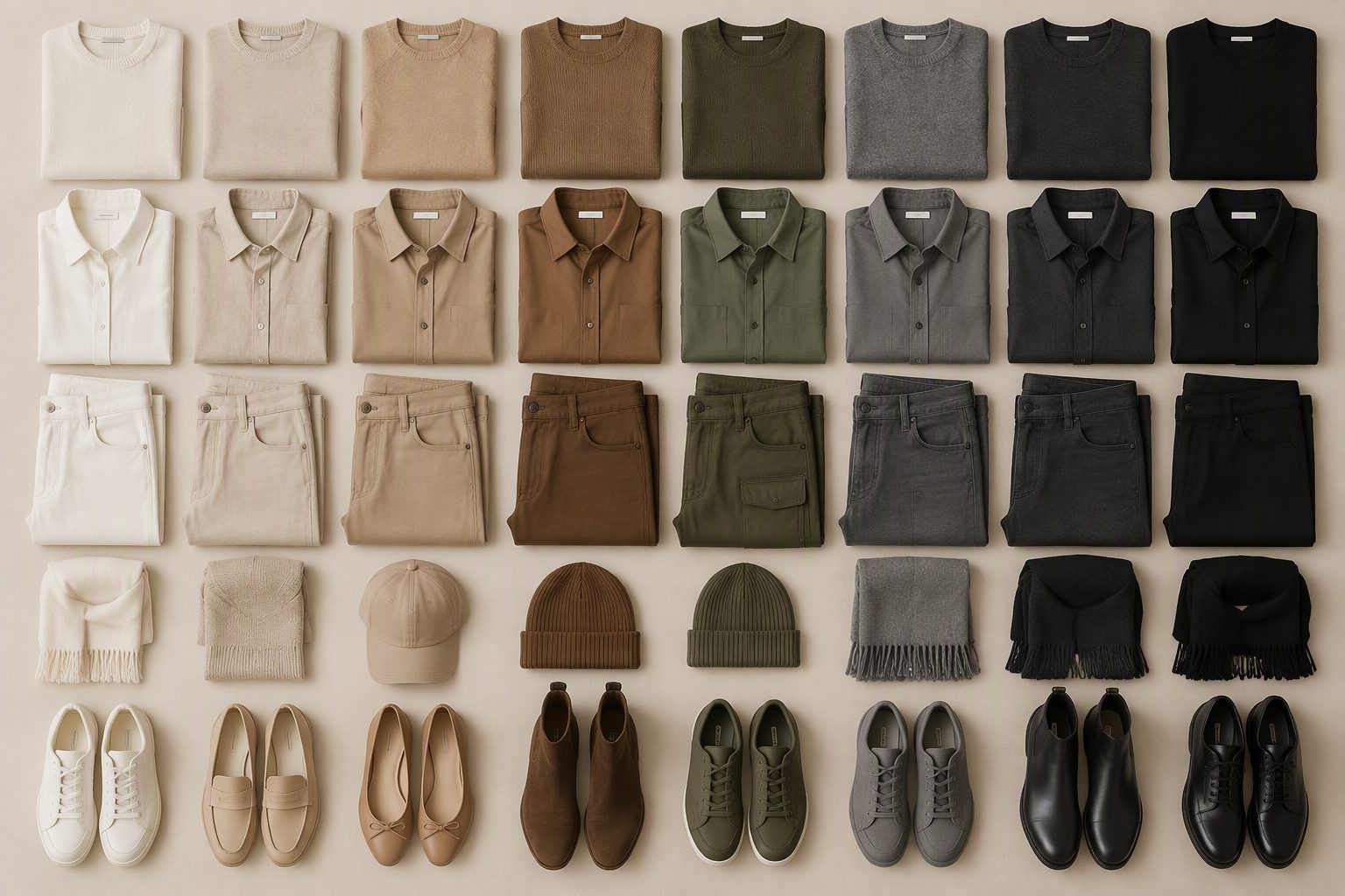 A grid of clothing items arranged by color on a neutral background