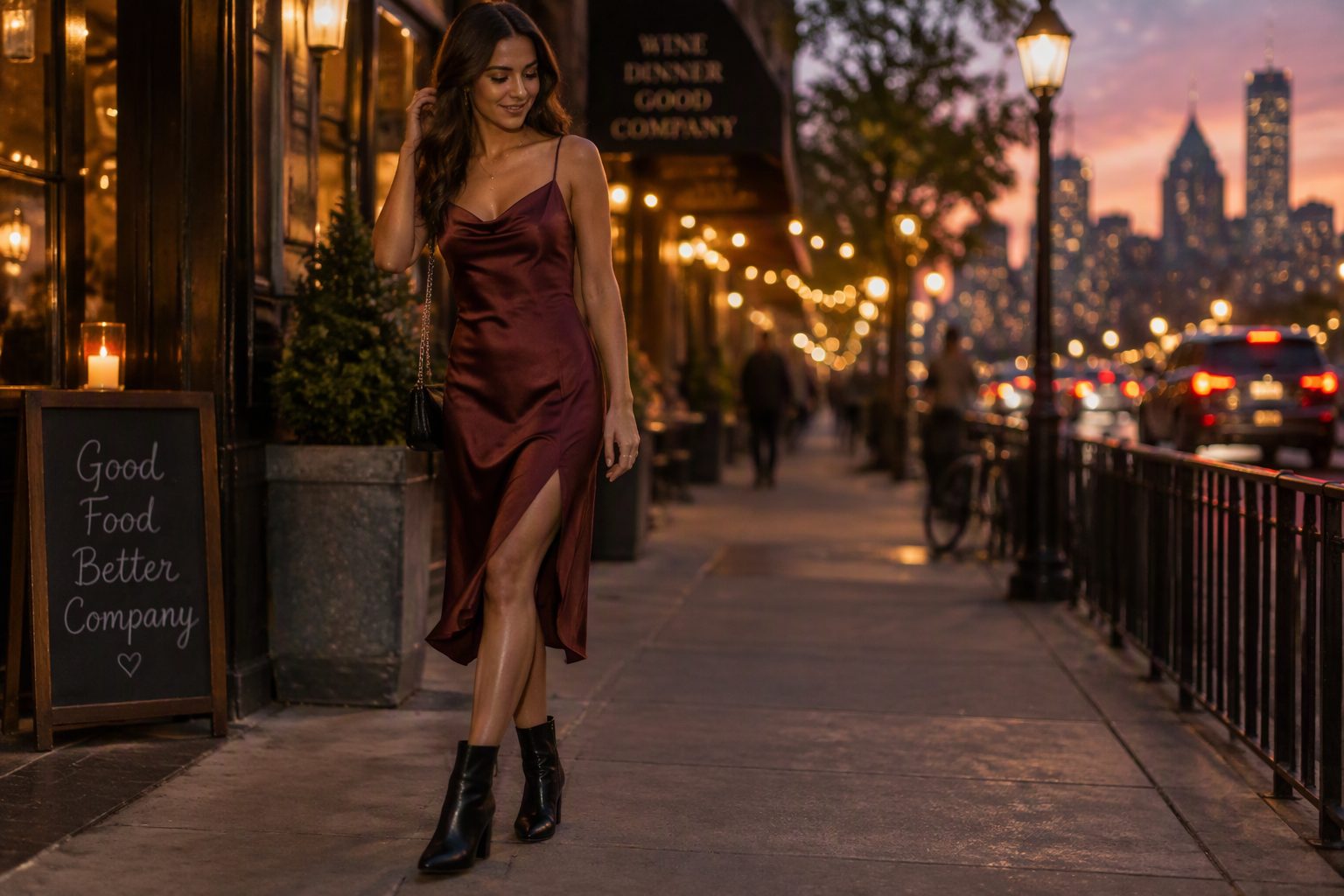 A woman in an elegant date night outfit on a city street at dusk