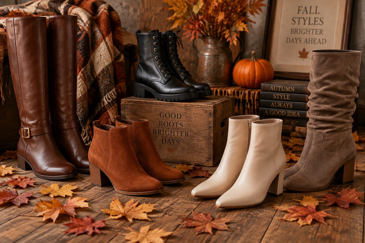 Various fall boot styles displayed on a wooden floor with autumn leaves