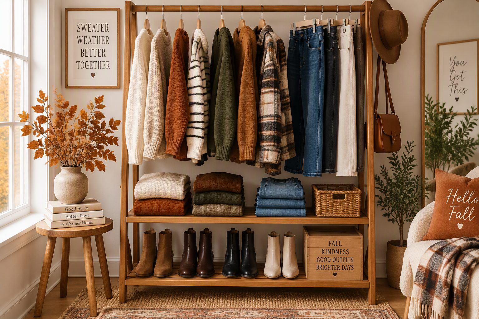 A curated fall wardrobe with sweaters, jeans, and boots on a clothing rack
