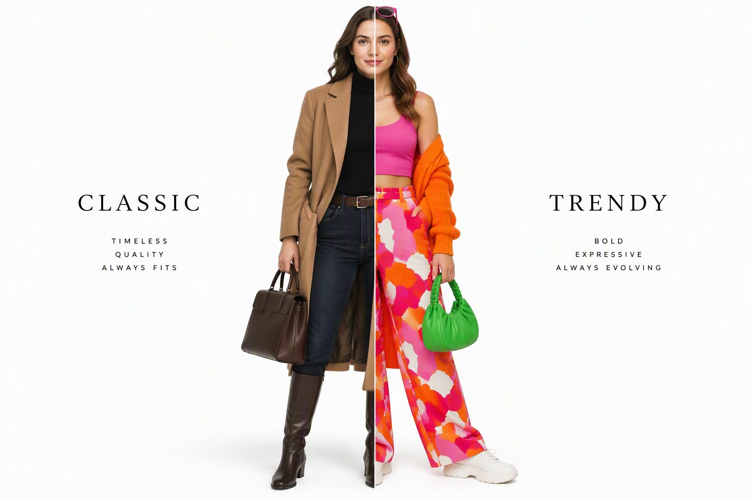 A split image showing classic investment pieces and trendy fashion items side by side