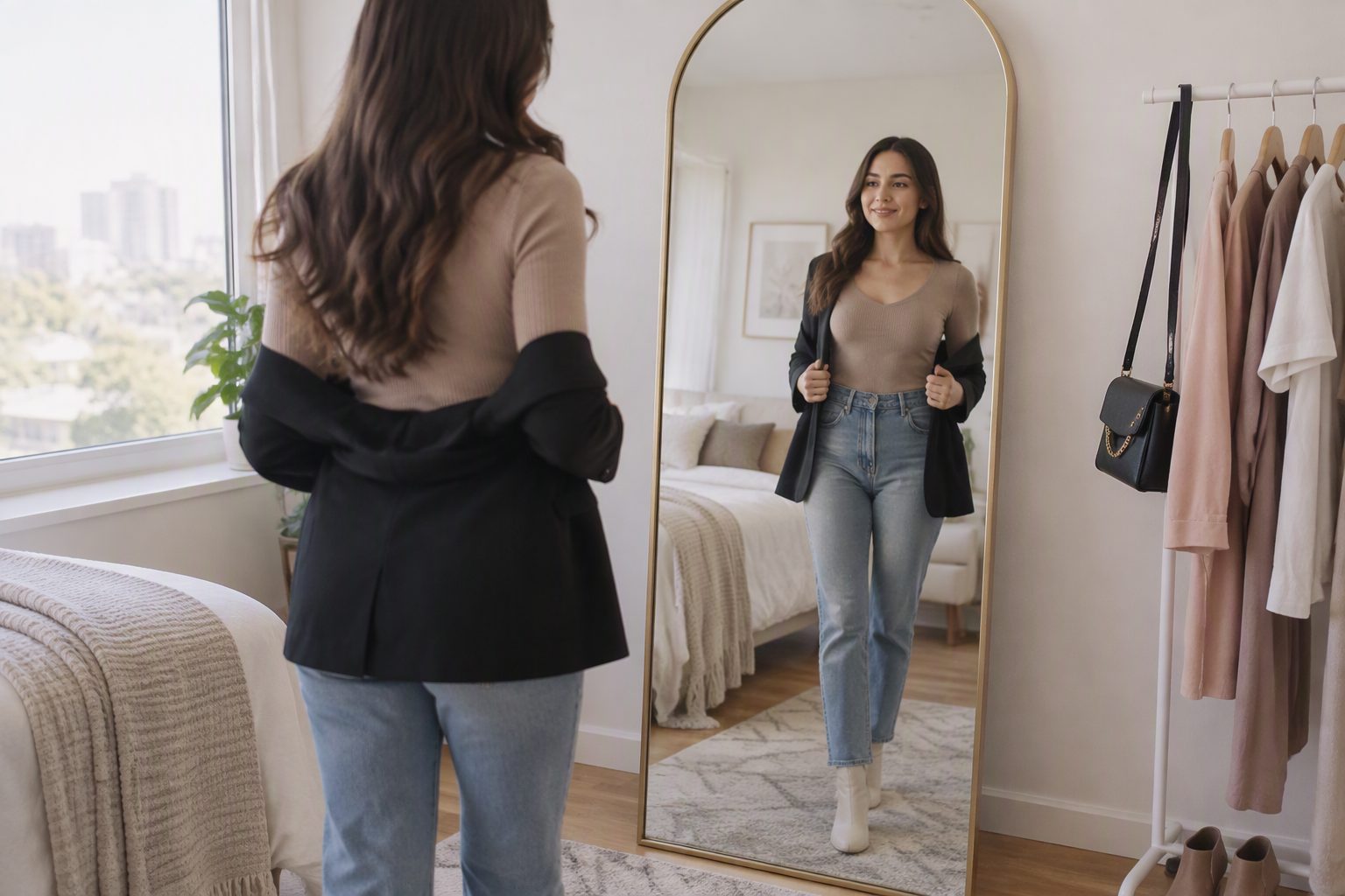 A woman looking at her reflection in a full-length mirror, styling an outfit