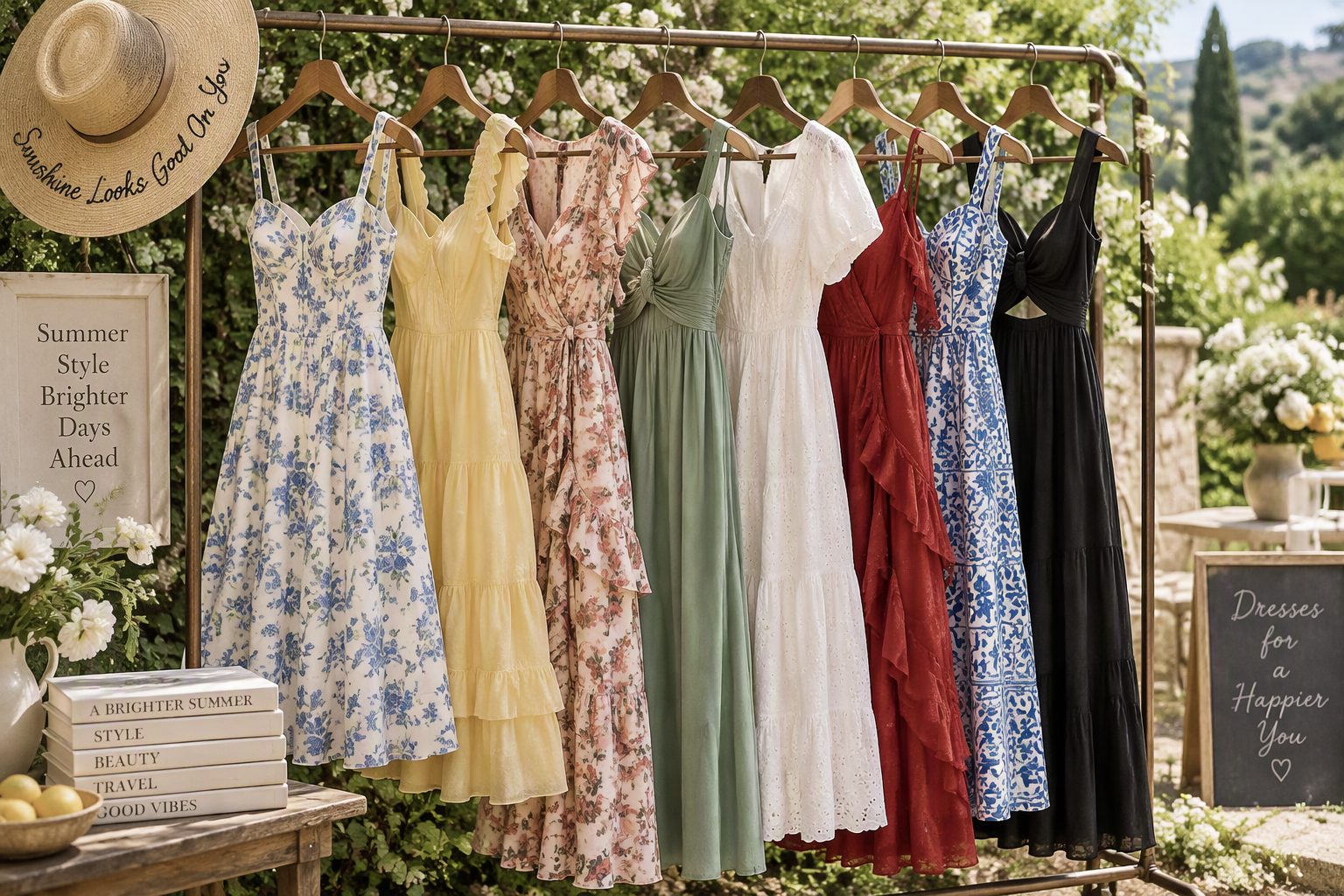 A collection of summer dresses in different styles hanging on a clothing rack outdoors