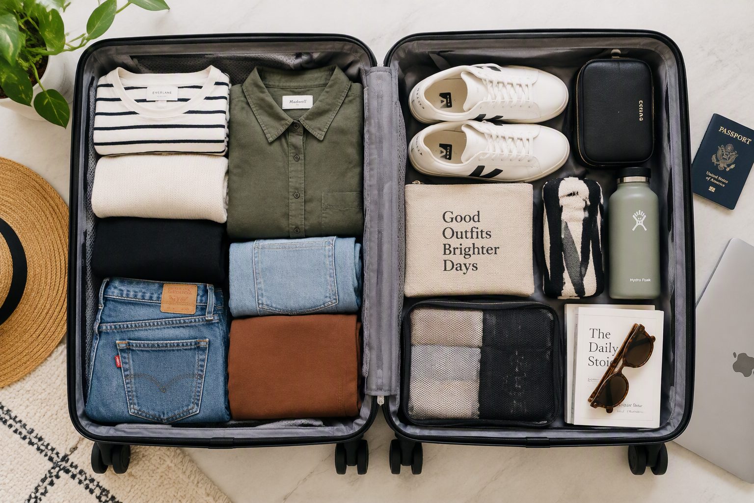 A neatly packed travel wardrobe in a carry-on suitcase
