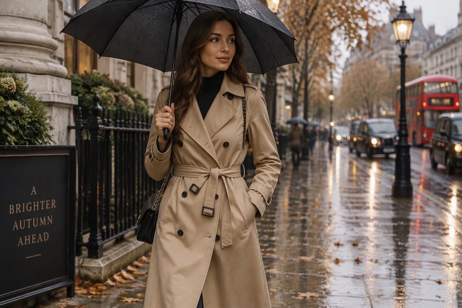 A woman wearing a classic beige trench coat on a rainy city street