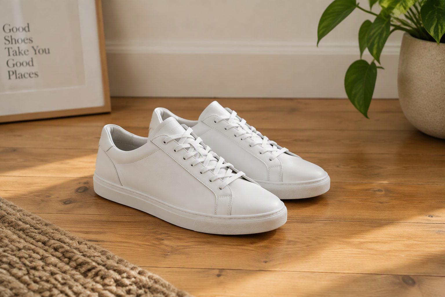 A pair of clean white leather sneakers on a wooden floor
