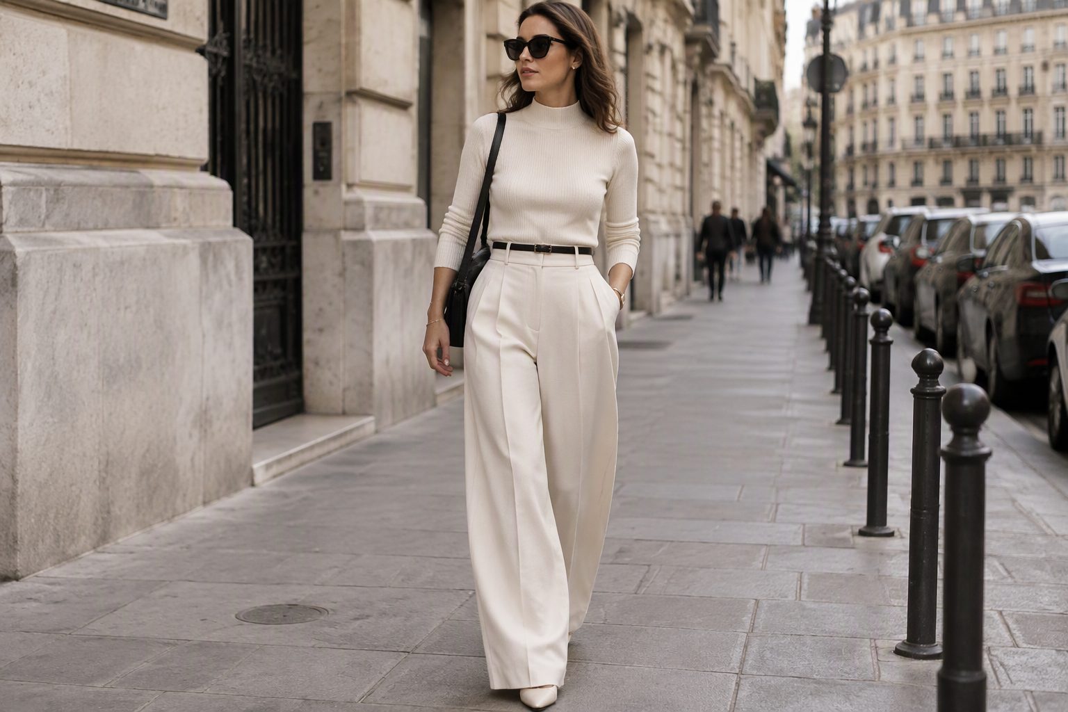A woman wearing elegant pleated wide-leg trousers on a city sidewalk