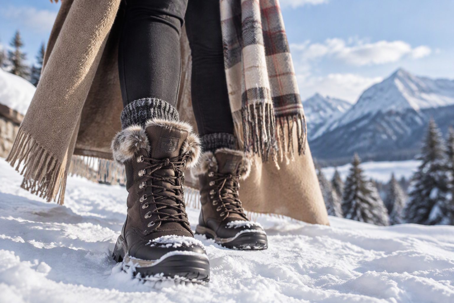 Stylish winter boots in the snow with a warm wool coat in the background
